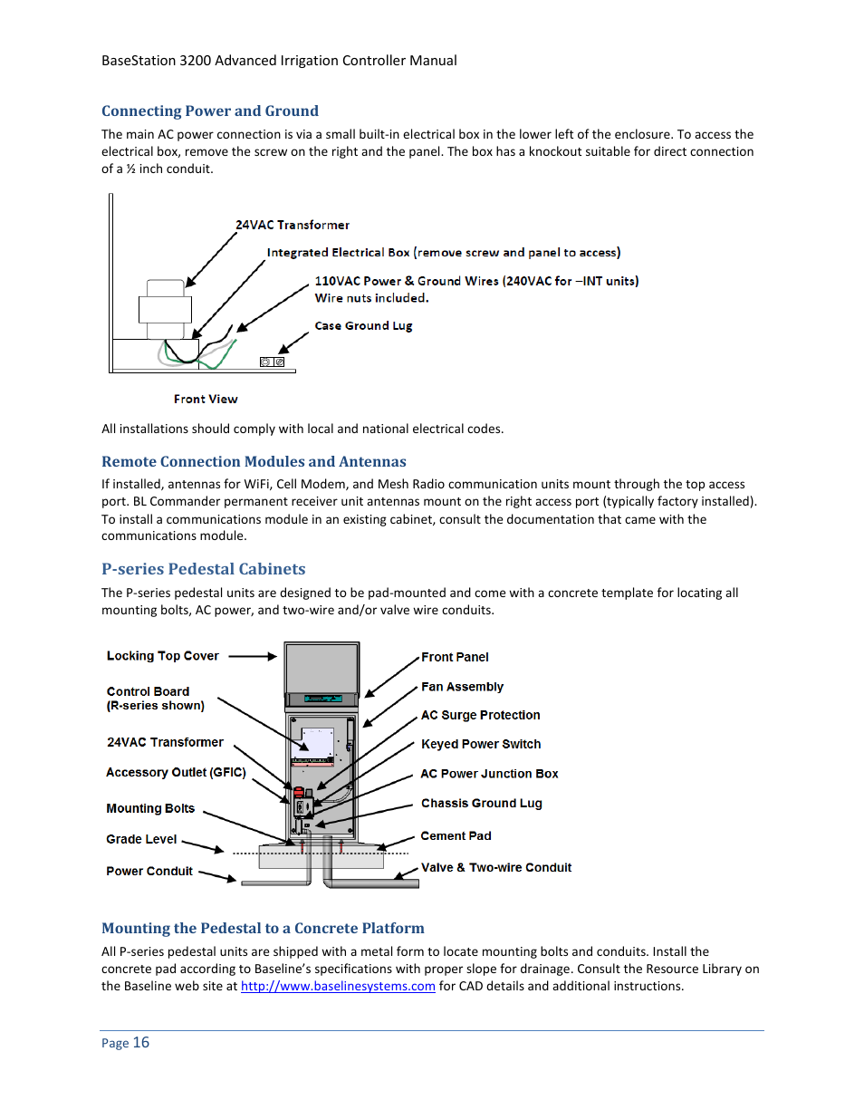 Connecting power and ground, Remote connection modules and antennas, P-series pedestal cabinets | Mounting the pedestal to a concrete platform | Baseline Systems BaseStation 3200 User Manual | Page 24 / 102