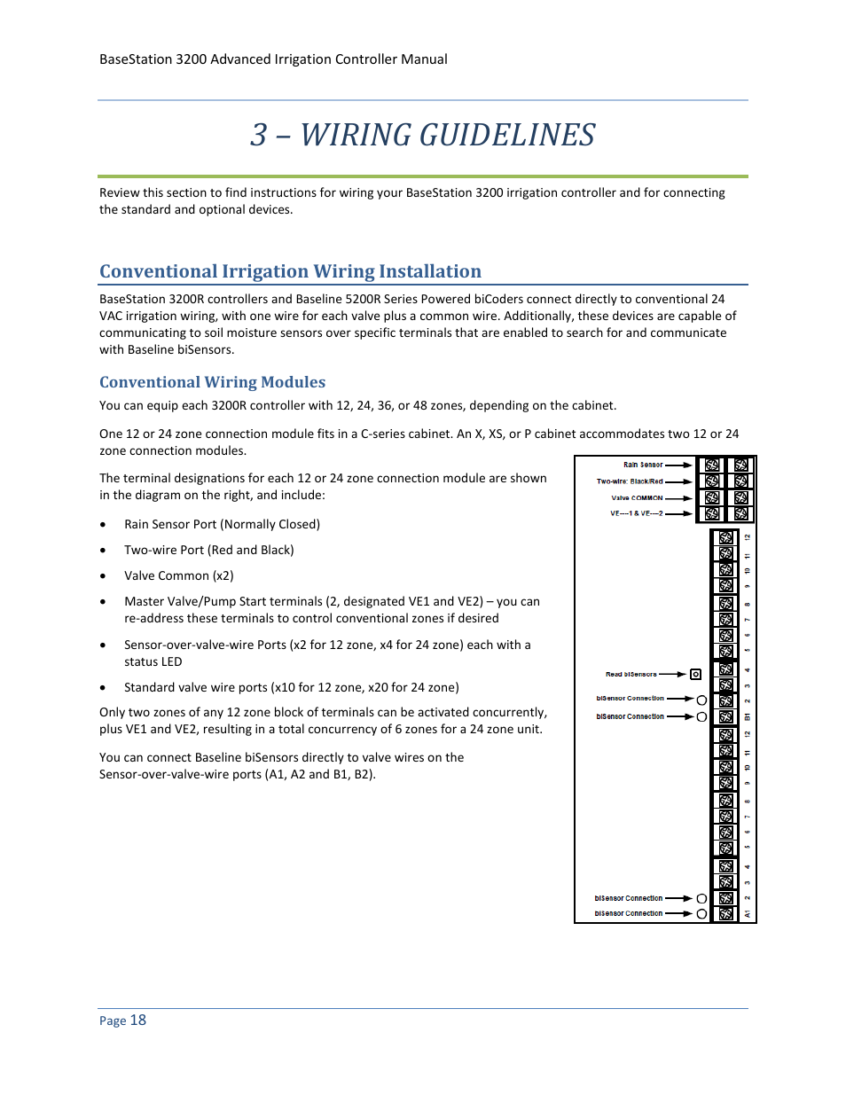 3 – wiring guidelines, Conventional irrigation wiring installation, Conventional wiring modules | Baseline Systems BaseStation 3200 User Manual | Page 26 / 102