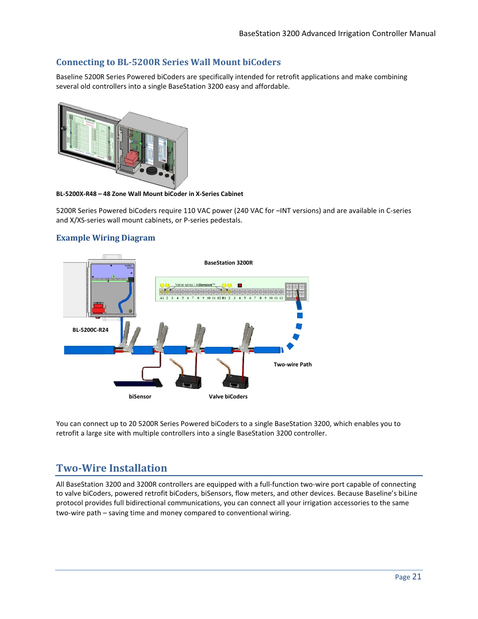 Connecting to bl-5200r series wall mount bicoders, Example wiring diagram, Two-wire installation | Baseline Systems BaseStation 3200 User Manual | Page 29 / 102