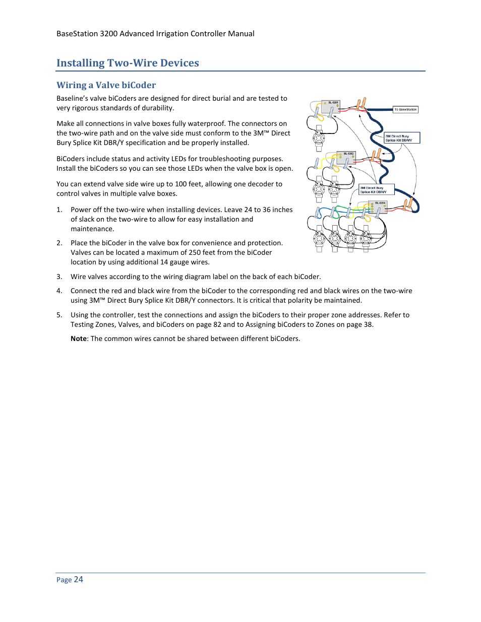 Installing two-wire devices, Wiring a valve bicoder | Baseline Systems BaseStation 3200 User Manual | Page 32 / 102