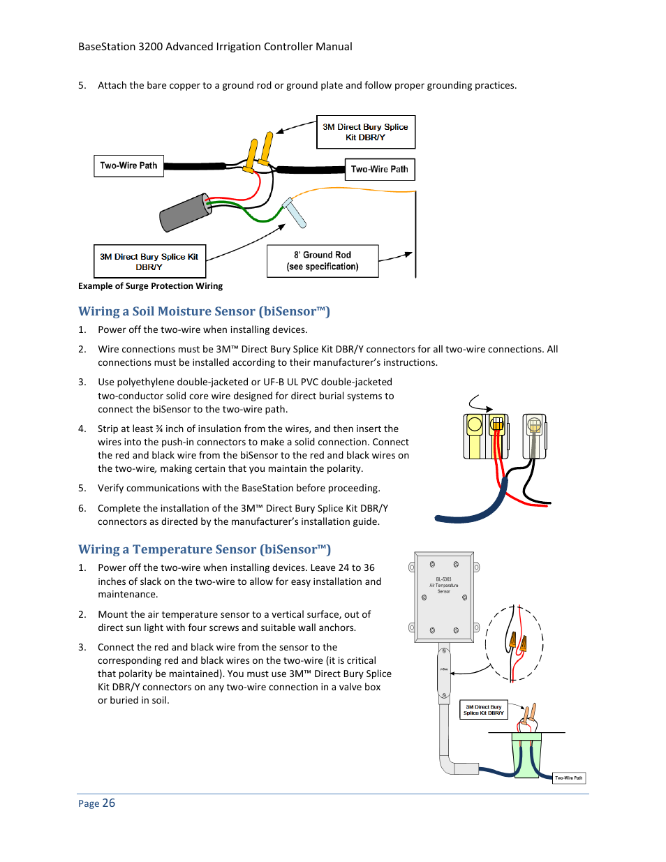 Wiring a soil moisture sensor (bisensor™), Wiring a temperature sensor (bisensor™) | Baseline Systems BaseStation 3200 User Manual | Page 34 / 102