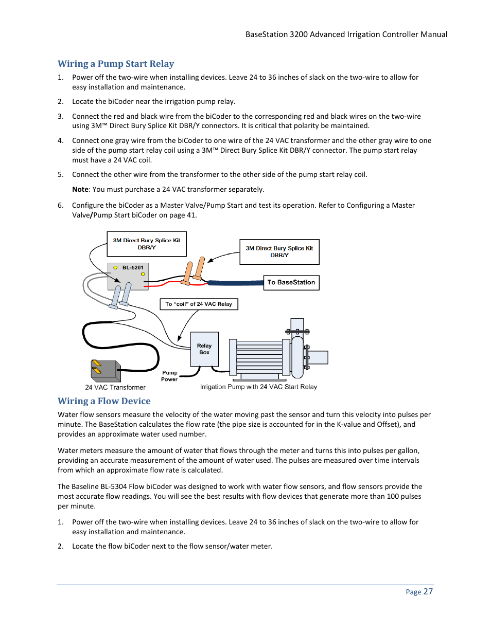 Wiring a pump start relay, Wiring a flow device | Baseline Systems BaseStation 3200 User Manual | Page 35 / 102