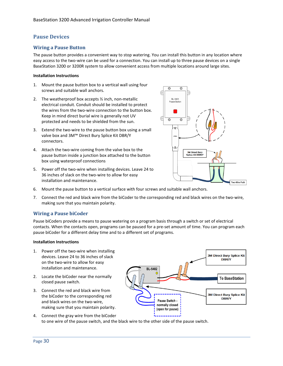 Pause devices, Wiring a pause button, Wiring a pause bicoder | Baseline Systems BaseStation 3200 User Manual | Page 38 / 102