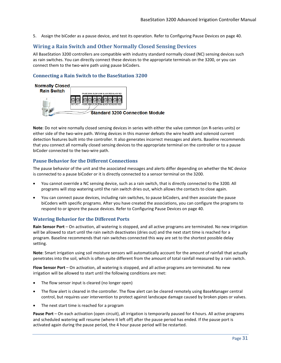 Connecting a rain switch to the basestation 3200, Pause behavior for the different connections, Watering behavior for the different ports | Baseline Systems BaseStation 3200 User Manual | Page 39 / 102