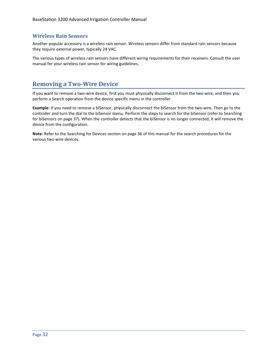 Wireless rain sensors, Removing a two-wire device | Baseline Systems BaseStation 3200 User Manual | Page 40 / 102