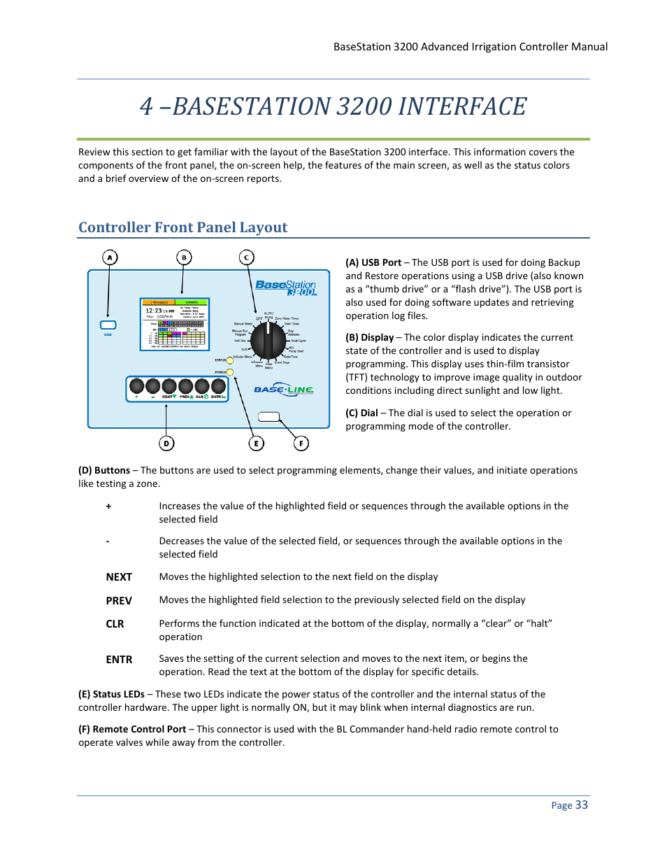 4 –basestation 3200 interface, Controller front panel layout | Baseline Systems BaseStation 3200 User Manual | Page 41 / 102