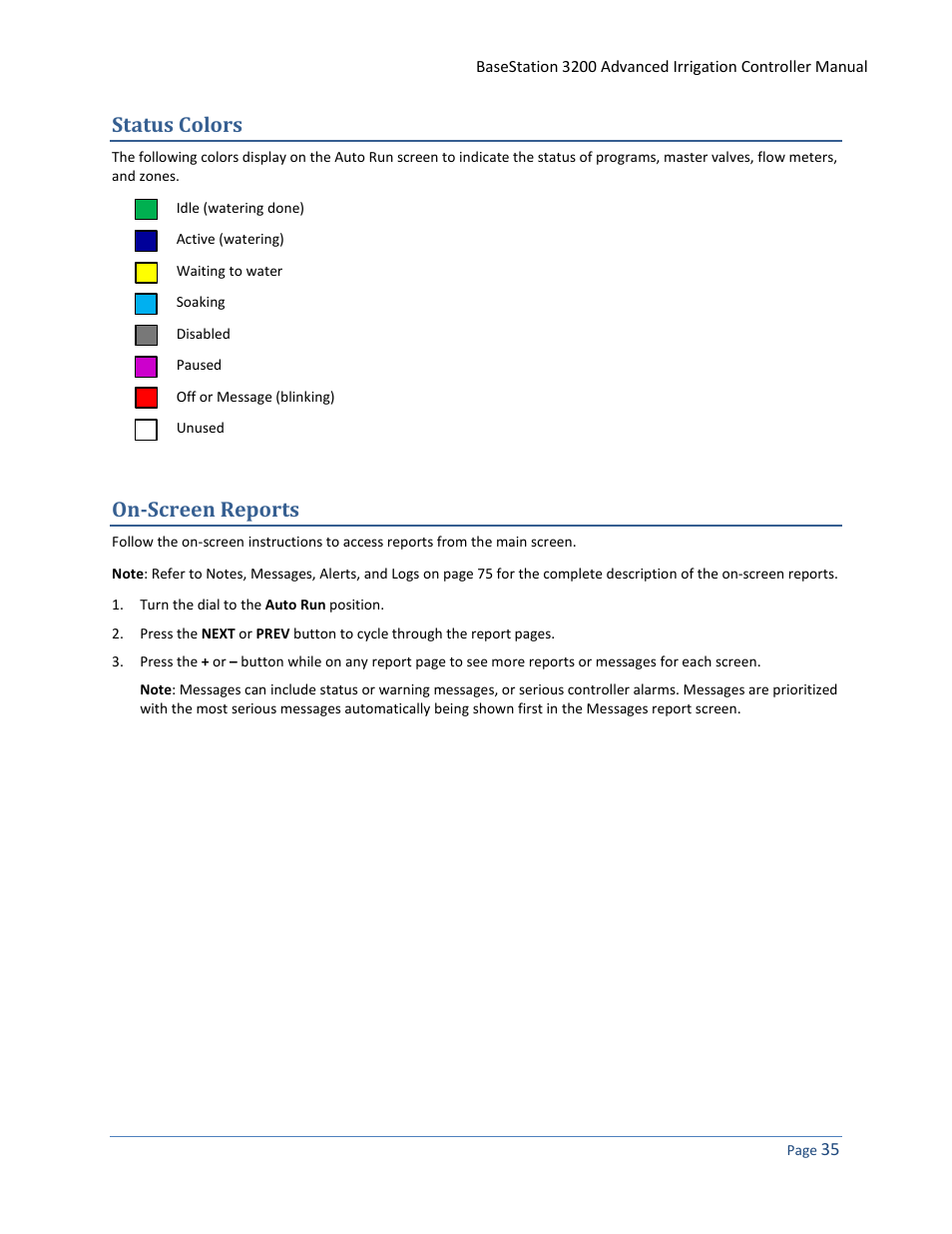 Status colors, On-screen reports | Baseline Systems BaseStation 3200 User Manual | Page 43 / 102