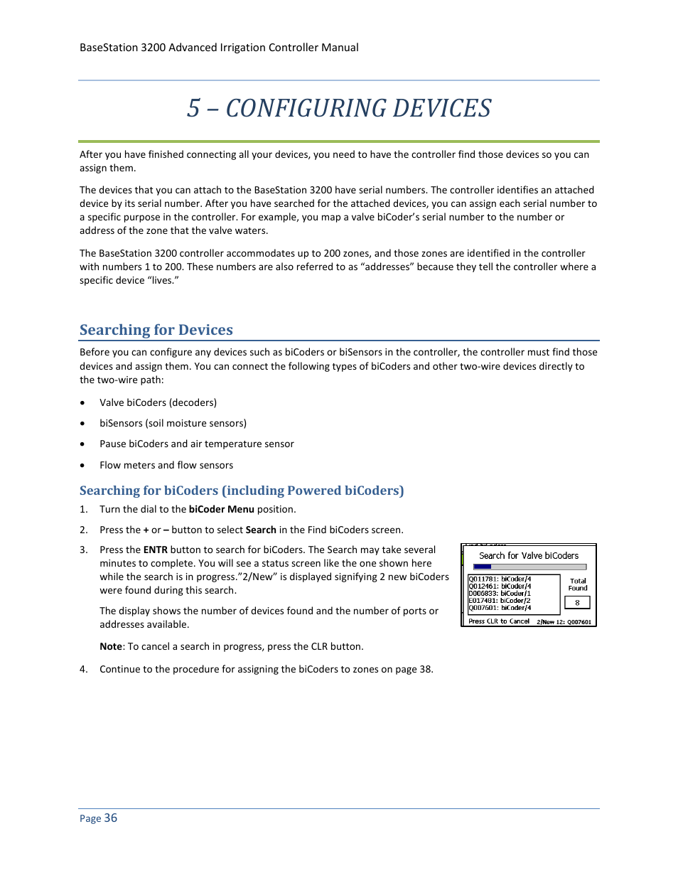 5 – configuring devices, Searching for devices, E searching for devices | E 36 | Baseline Systems BaseStation 3200 User Manual | Page 44 / 102