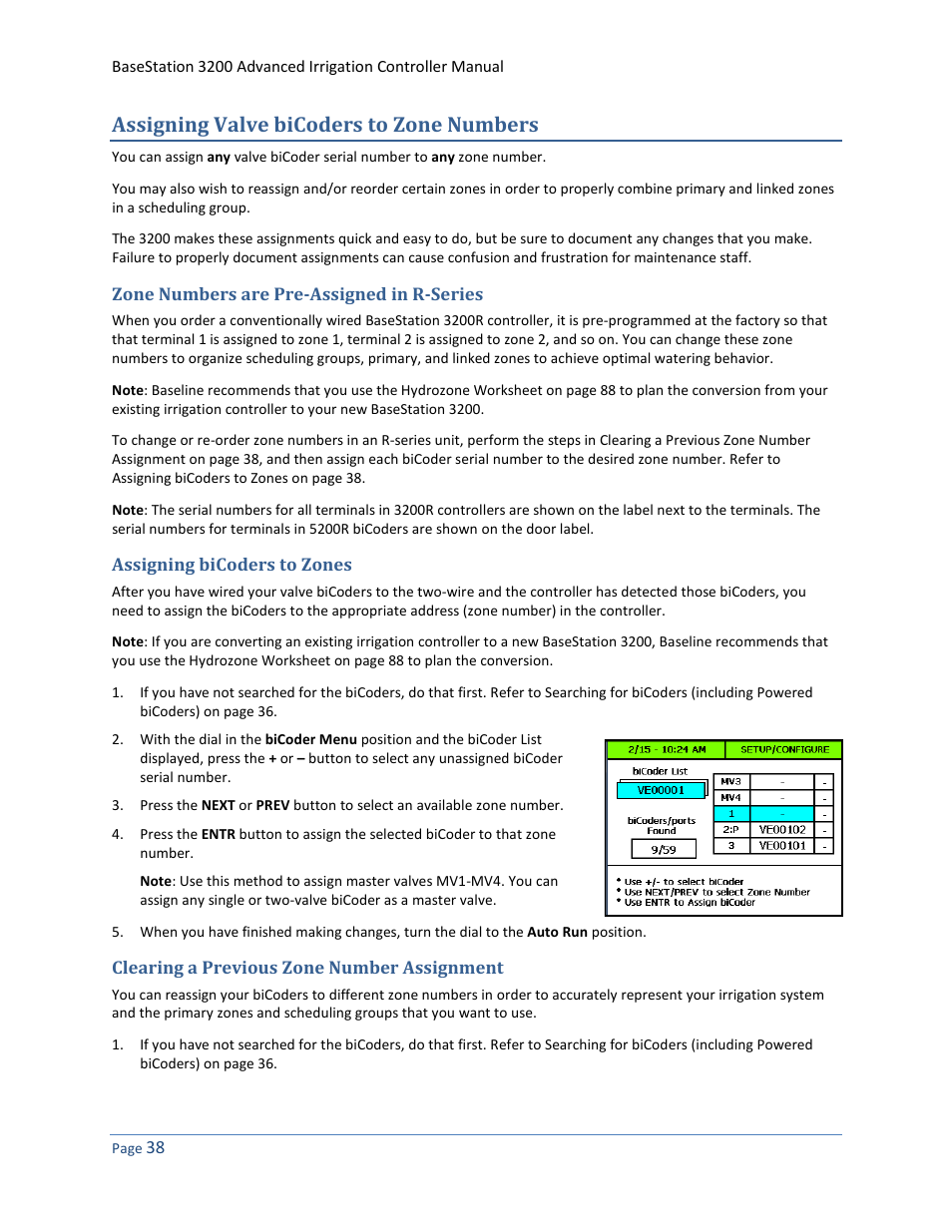 Assigning valve bicoders to zone numbers, Zone numbers are pre-assigned in r-series, Assigning bicoders to zones | Clearing a previous zone number assignment, O clearing a previous zone number assignment, Assigning bicoders to zones on, E 38 | Baseline Systems BaseStation 3200 User Manual | Page 46 / 102