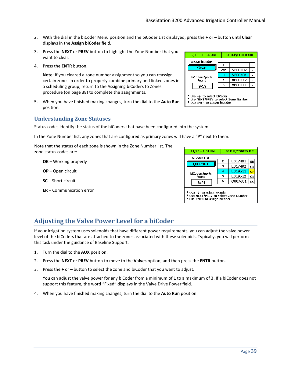 Understanding zone statuses, Adjusting the valve power level for a bicoder | Baseline Systems BaseStation 3200 User Manual | Page 47 / 102