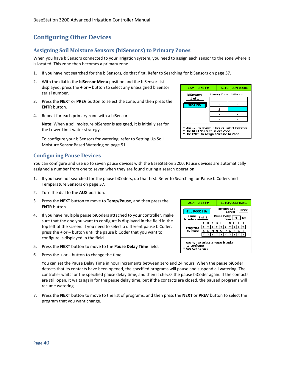 Configuring other devices, Configuring pause devices, Zones | 40 an, O configuring pause devices, E 40, Configuring pause devices on | Baseline Systems BaseStation 3200 User Manual | Page 48 / 102