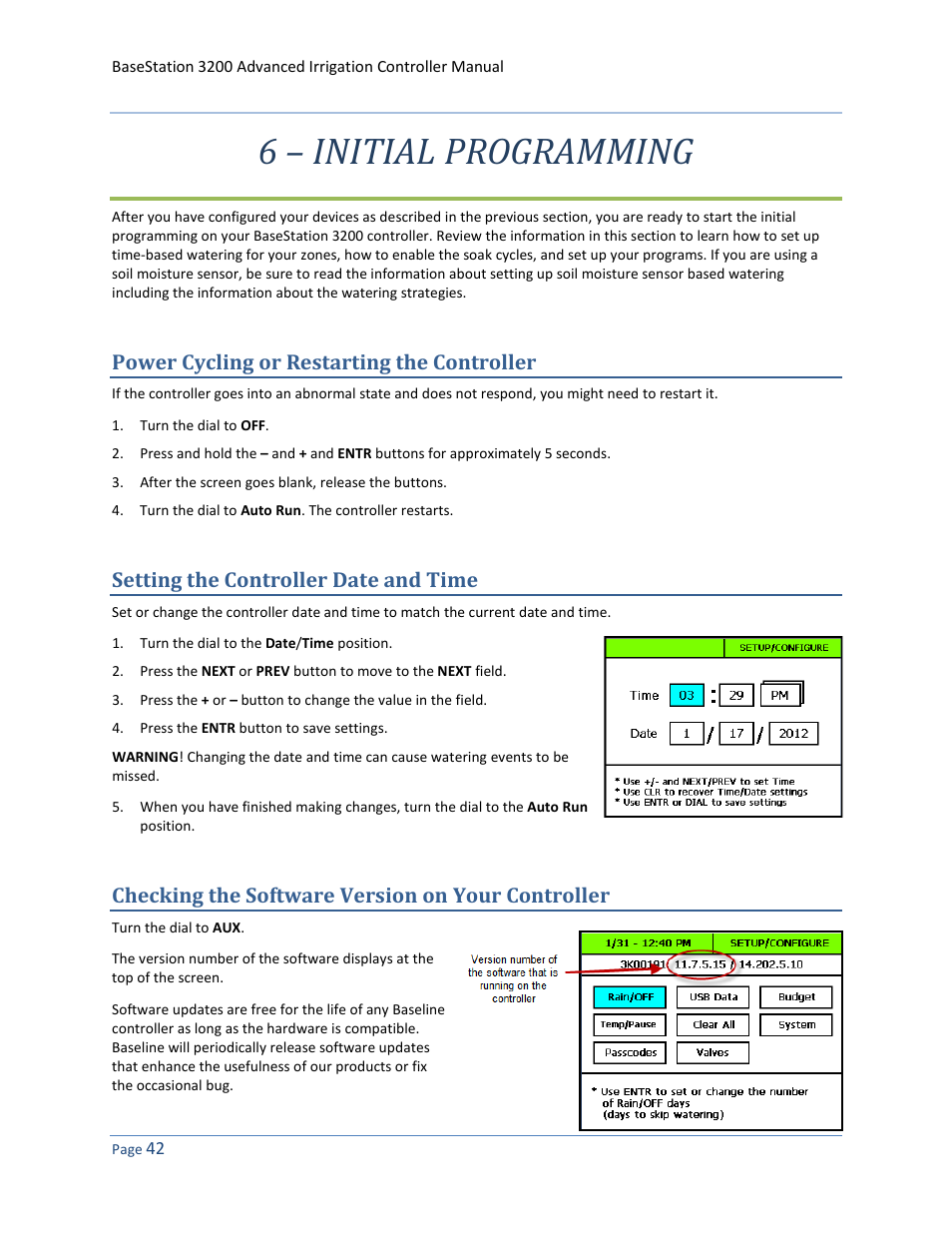 6 – initial programming, Power cycling or restarting the controller, Setting the controller date and time | Checking the software version on your controller | Baseline Systems BaseStation 3200 User Manual | Page 50 / 102