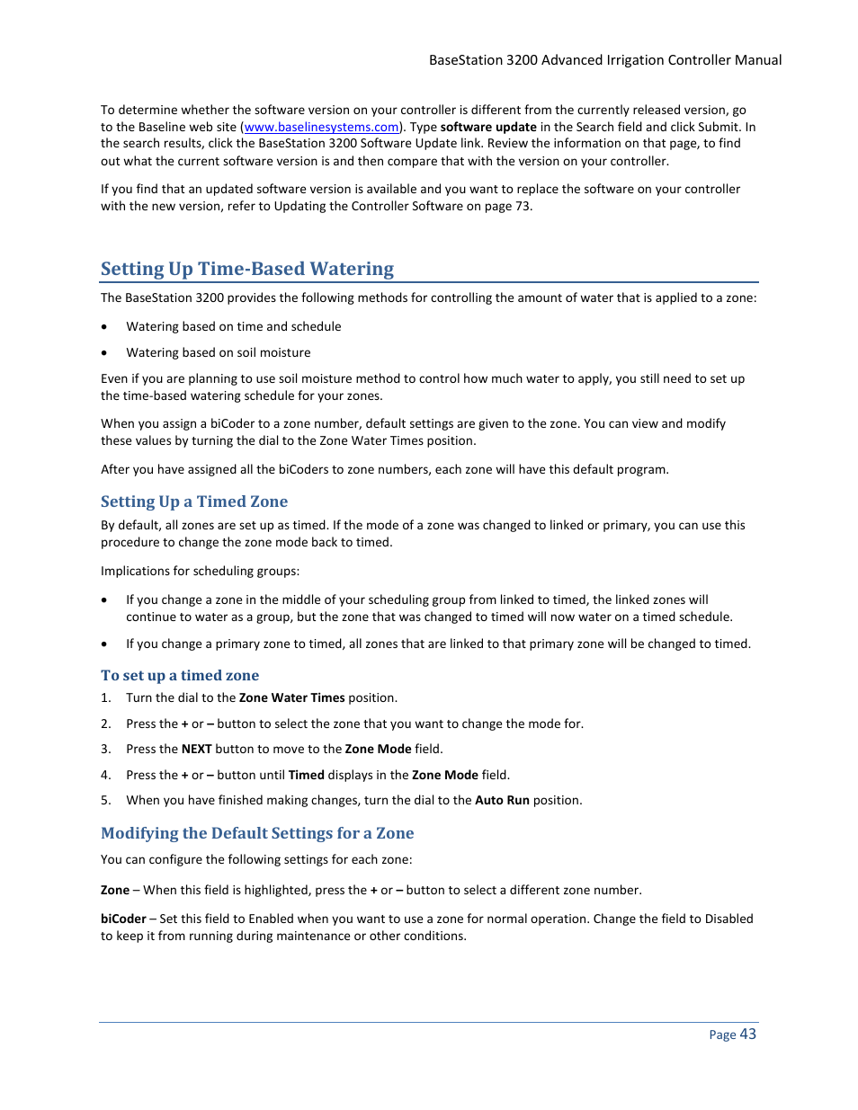 Setting up time-based watering, Setting up a timed zone, To set up a timed zone | Modifying the default settings for a zone | Baseline Systems BaseStation 3200 User Manual | Page 51 / 102