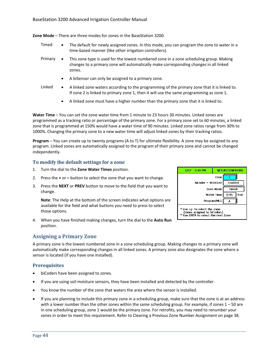 To modify the default settings for a zone, Assigning a primary zone, Prerequisites | Baseline Systems BaseStation 3200 User Manual | Page 52 / 102