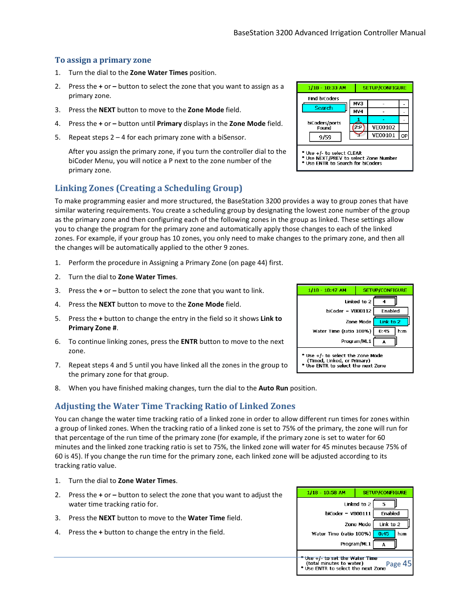 To assign a primary zone, Linking zones (creating a scheduling group), Linking | Zones (creating a scheduling group), 45 fo | Baseline Systems BaseStation 3200 User Manual | Page 53 / 102