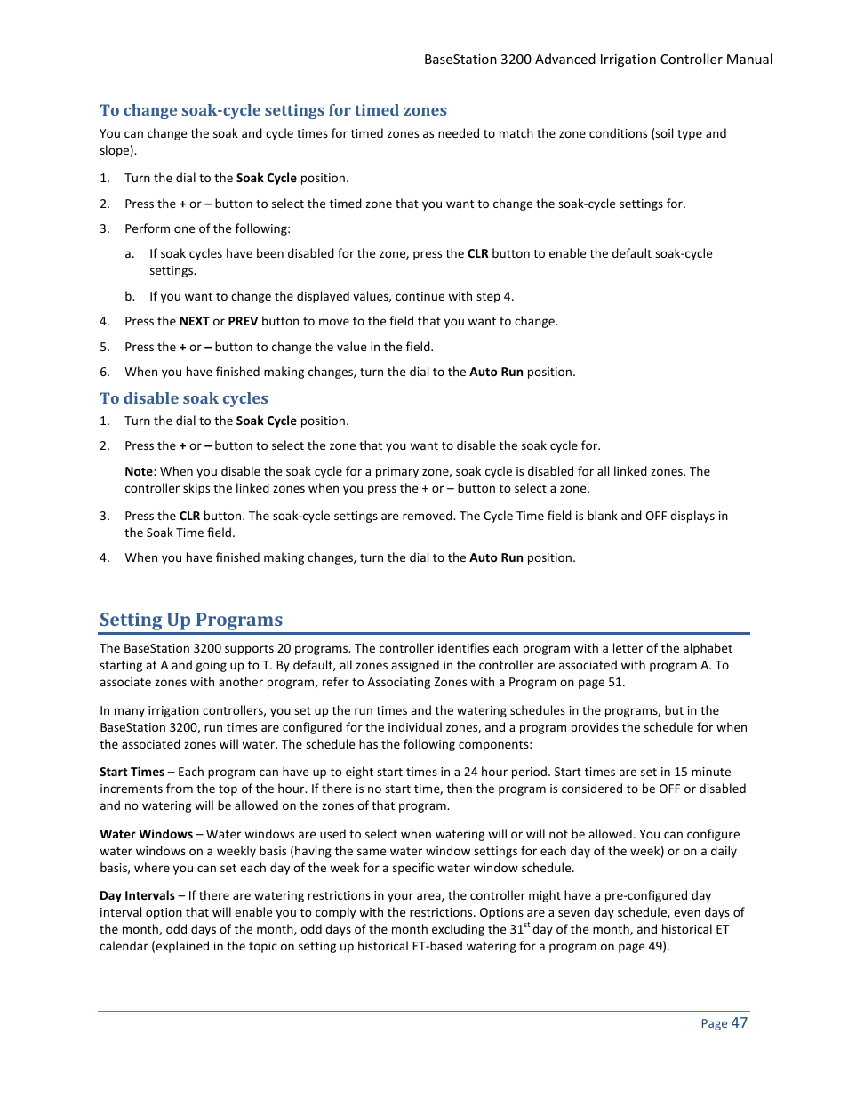 To change soak-cycle settings for timed zones, Setting up programs, To disable soak cycles | Baseline Systems BaseStation 3200 User Manual | Page 55 / 102