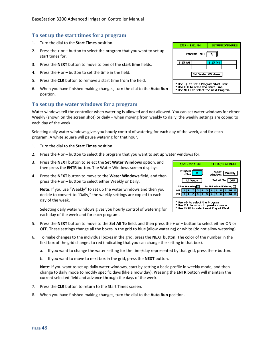 To set up the start times for a program, To set up the water windows for a program | Baseline Systems BaseStation 3200 User Manual | Page 56 / 102