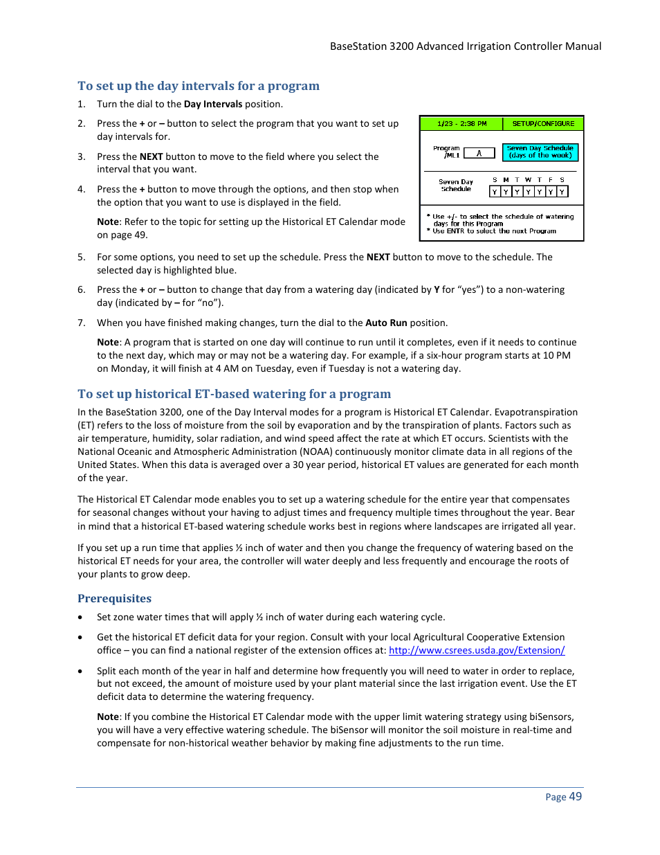 To set up the day intervals for a program, Prerequisites, E 49 | Baseline Systems BaseStation 3200 User Manual | Page 57 / 102