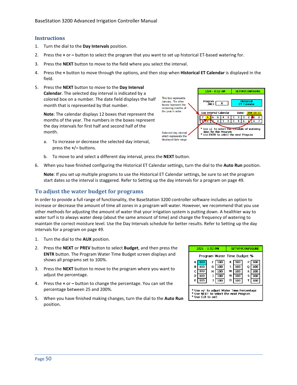 Instructions, To adjust the water budget for programs | Baseline Systems BaseStation 3200 User Manual | Page 58 / 102