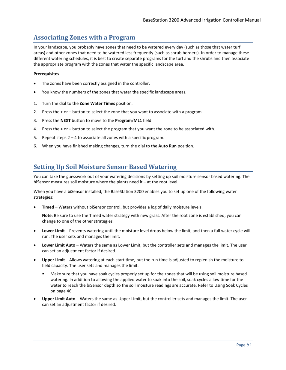 Associating zones with a program, Setting up soil moisture sensor based watering, O setting up soil | Moisture sensor based watering on | Baseline Systems BaseStation 3200 User Manual | Page 59 / 102