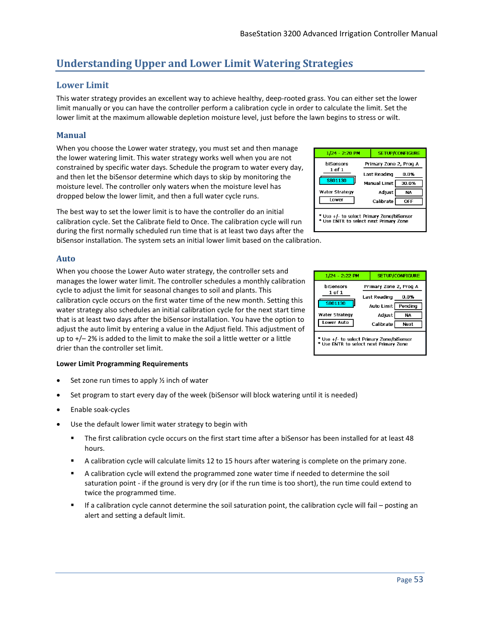 Lower limit, Manual, Auto | Understanding upper and lower limit watering, Strategies on, O understanding upper and, Lower limit watering strategies on, O understanding upper and lower, Limit watering strategies | Baseline Systems BaseStation 3200 User Manual | Page 61 / 102