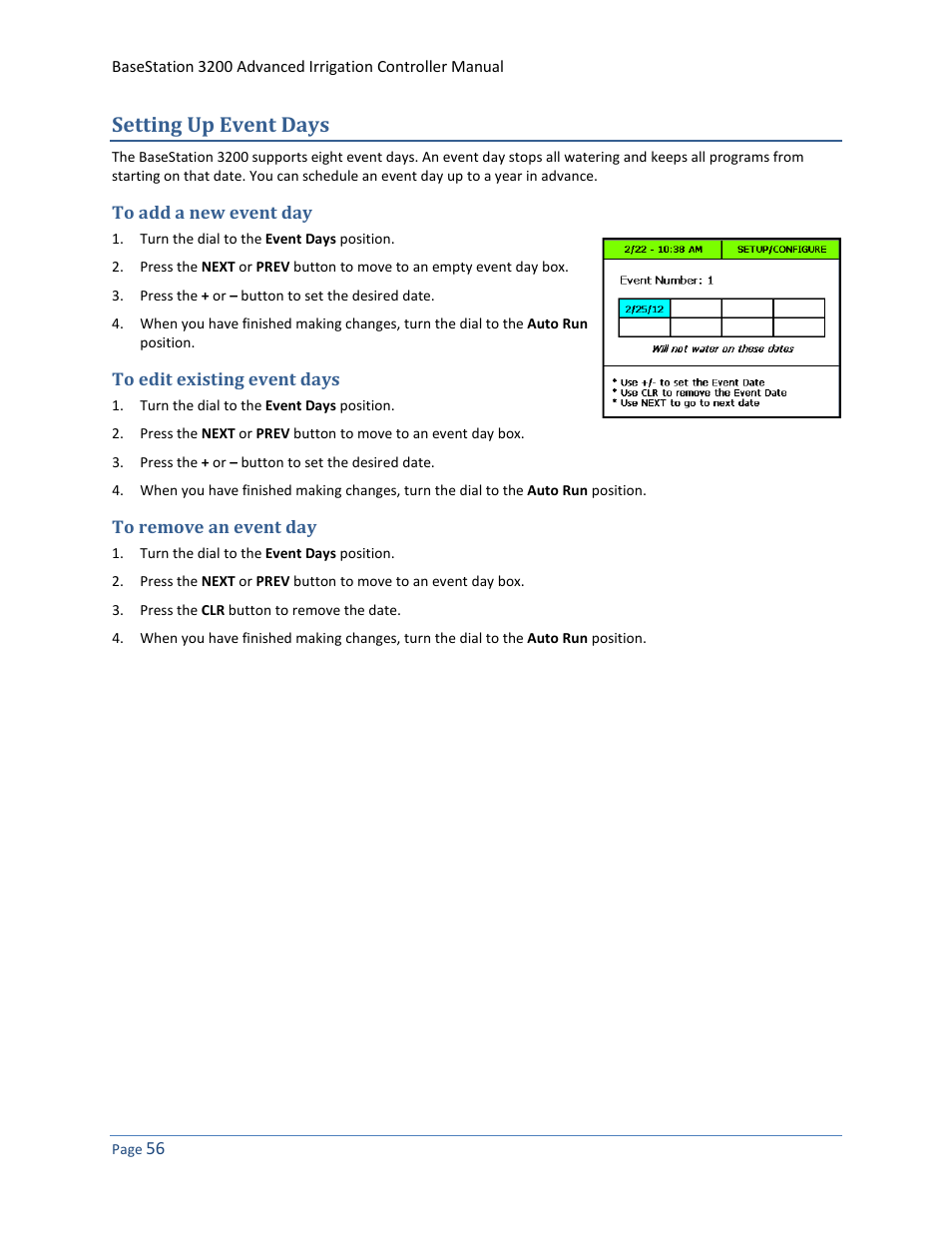 Setting up event days, To add a new event day, To edit existing event days | To remove an event day | Baseline Systems BaseStation 3200 User Manual | Page 64 / 102