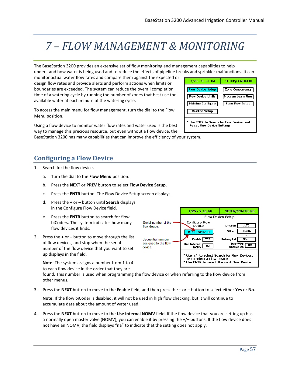 7 – flow management & monitoring, Configuring a flow device, O configuring a flow device on | 57 fo | Baseline Systems BaseStation 3200 User Manual | Page 65 / 102