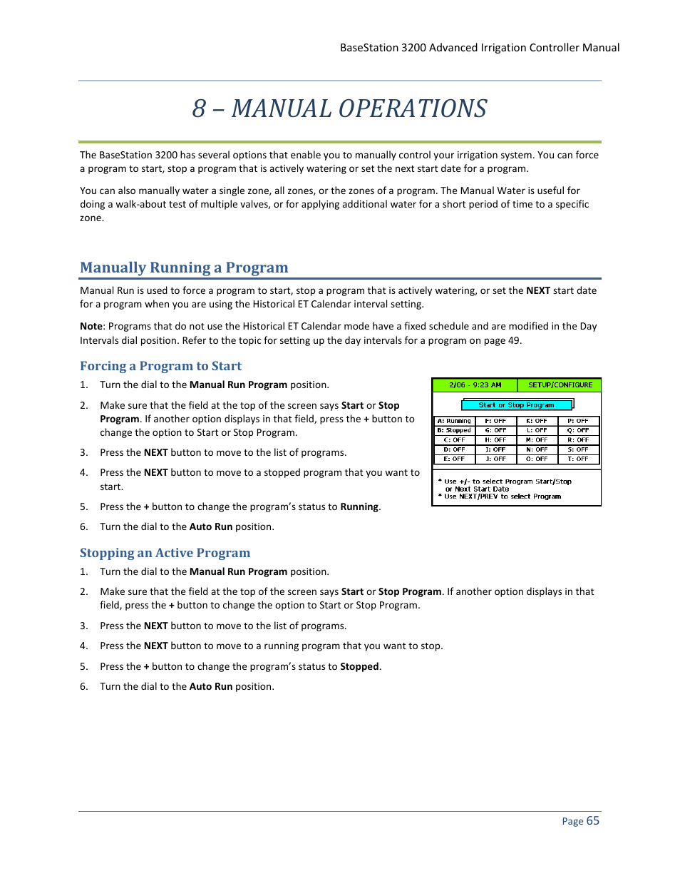 8 – manual operations, Manually running a program, Forcing a program to start | Stopping an active program | Baseline Systems BaseStation 3200 User Manual | Page 73 / 102
