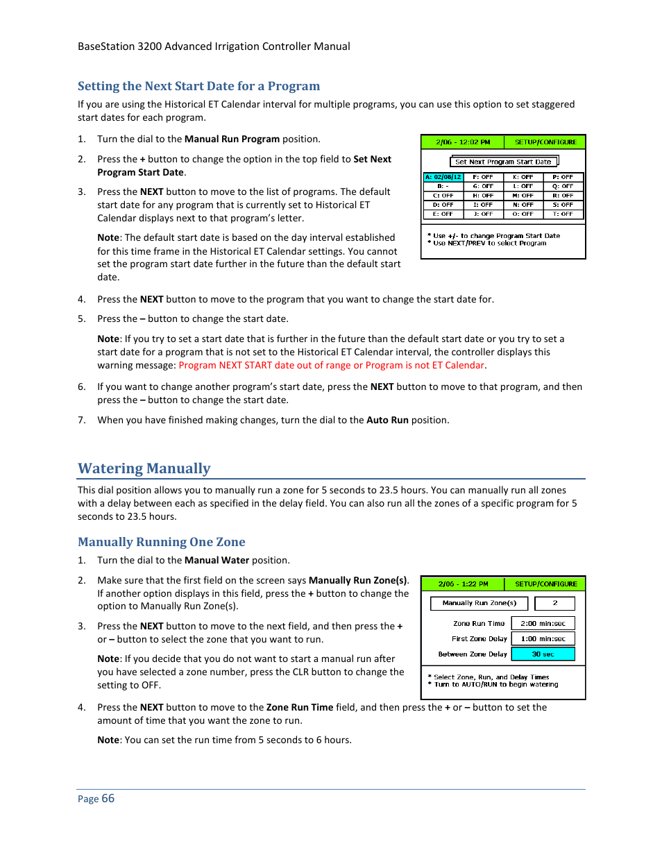 Setting the next start date for a program, Watering manually, Manually running one zone | Baseline Systems BaseStation 3200 User Manual | Page 74 / 102