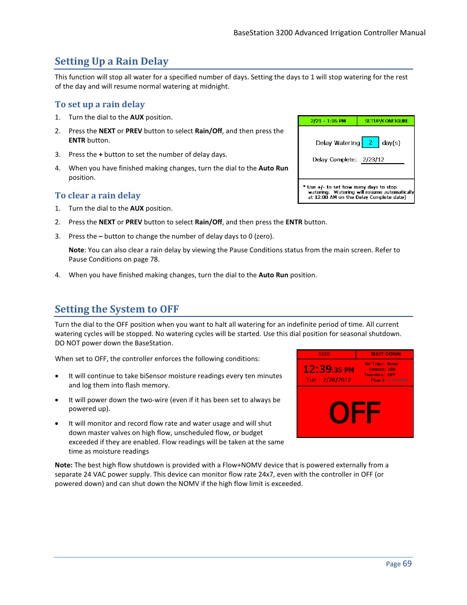 Setting up a rain delay, To set up a rain delay, To clear a rain delay | Setting the system to off | Baseline Systems BaseStation 3200 User Manual | Page 77 / 102
