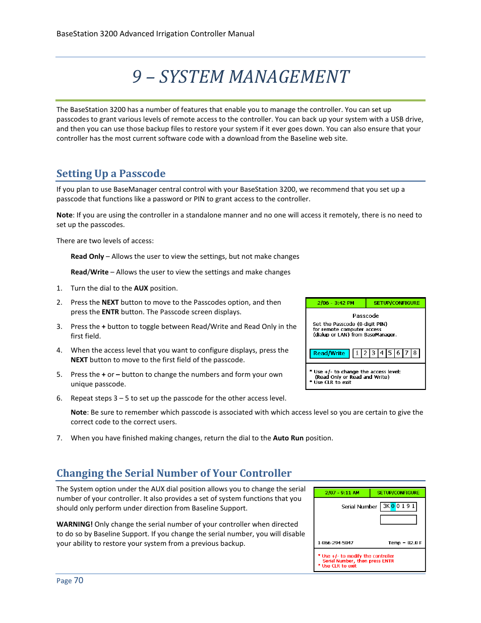 9 – system management, Setting up a passcode, Changing the serial number of your controller | Baseline Systems BaseStation 3200 User Manual | Page 78 / 102