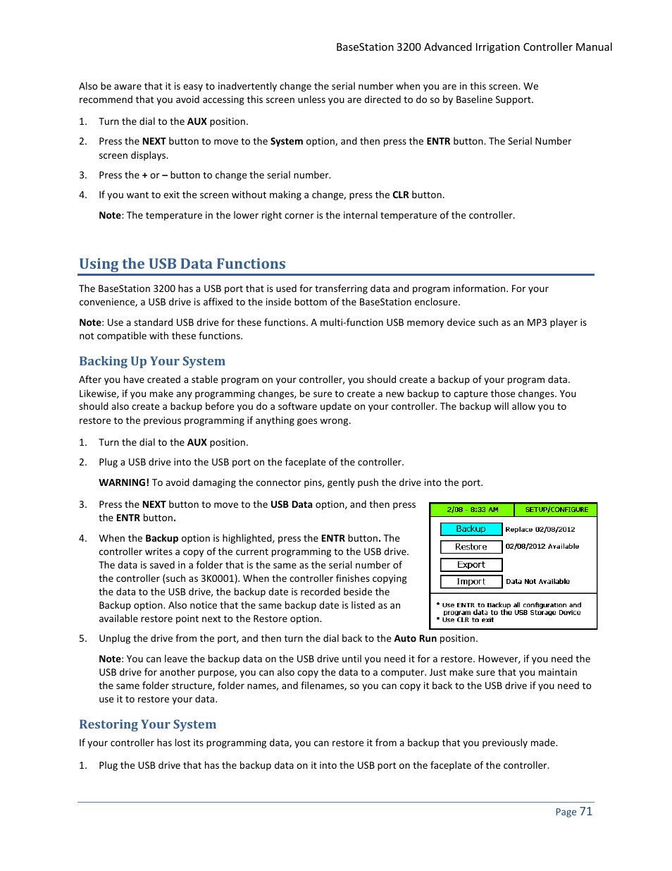 Using the usb data functions, Backing up your system, Restoring your system | Baseline Systems BaseStation 3200 User Manual | Page 79 / 102