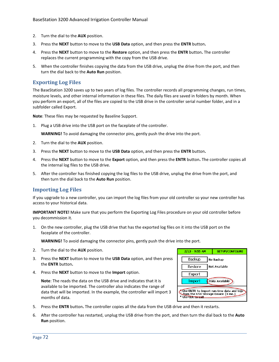 Exporting log files, Importing log files | Baseline Systems BaseStation 3200 User Manual | Page 80 / 102