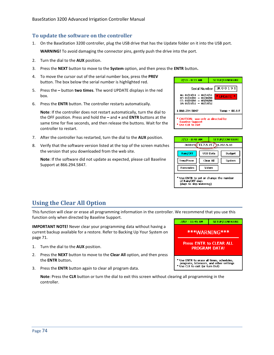 To update the software on the controller, Using the clear all option | Baseline Systems BaseStation 3200 User Manual | Page 82 / 102