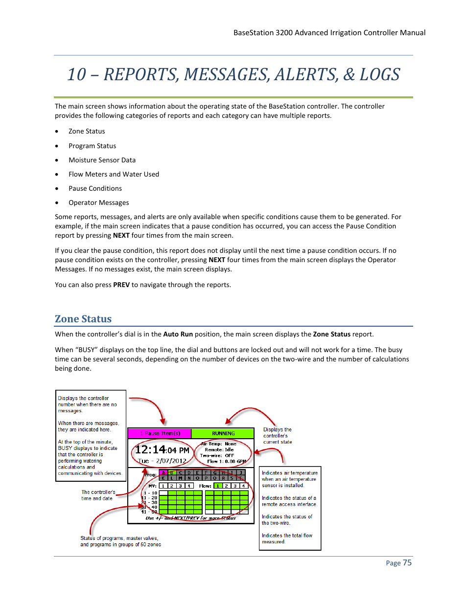10 – reports, messages, alerts, & logs, Zone status | Baseline Systems BaseStation 3200 User Manual | Page 83 / 102
