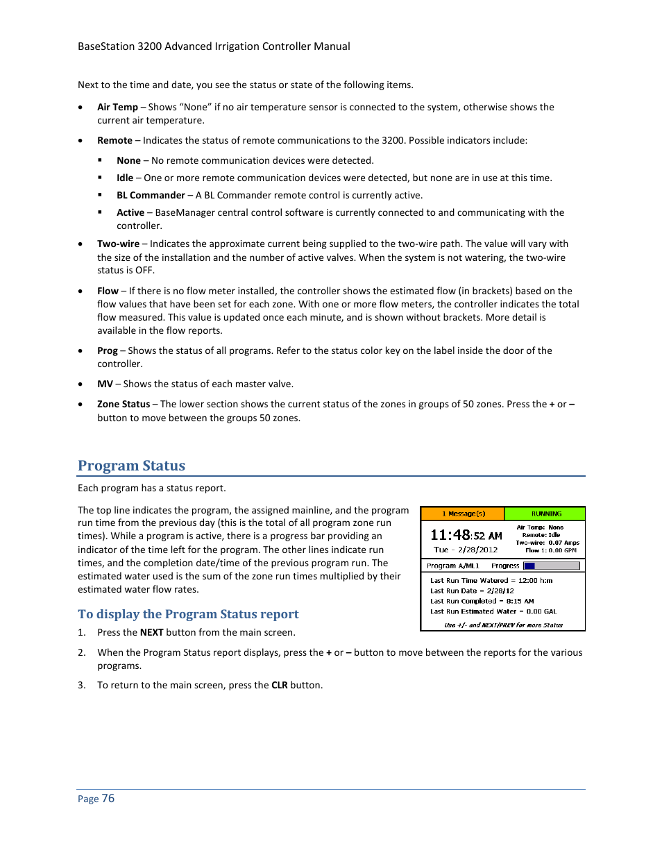 Program status, To display the program status report | Baseline Systems BaseStation 3200 User Manual | Page 84 / 102