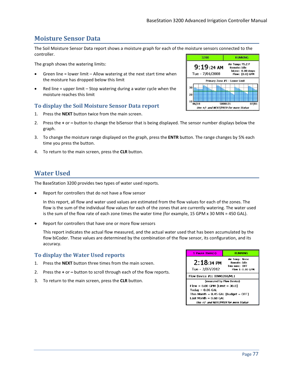 Moisture sensor data, To display the soil moisture sensor data report, Water used | To display the water used reports | Baseline Systems BaseStation 3200 User Manual | Page 85 / 102