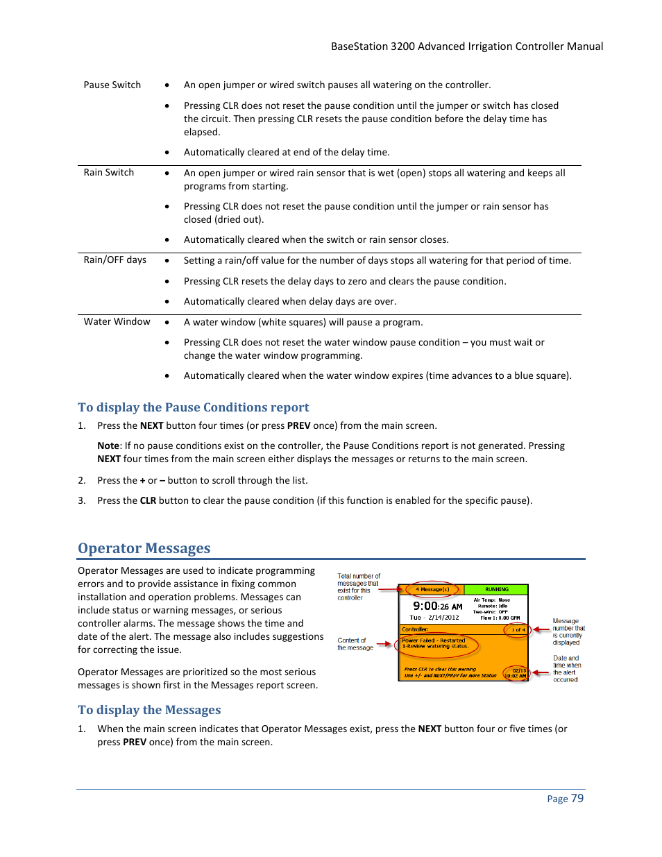 To display the pause conditions report, Operator messages, To display the messages | Baseline Systems BaseStation 3200 User Manual | Page 87 / 102