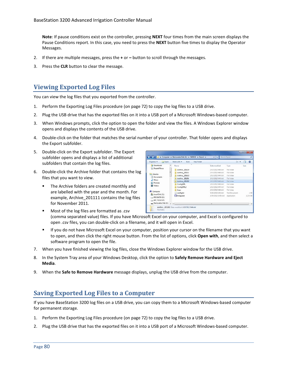 Viewing exported log files, Saving exported log files to a computer | Baseline Systems BaseStation 3200 User Manual | Page 88 / 102