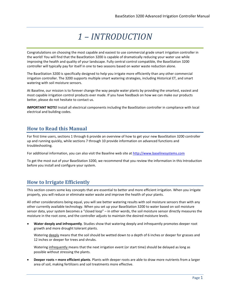 1 – introduction, How to read this manual, How to irrigate efficiently | Baseline Systems BaseStation 3200 User Manual | Page 9 / 102