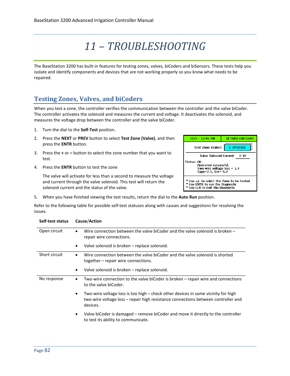 11 – troubleshooting, Testing zones, valves, and bicoders, 82 a | Baseline Systems BaseStation 3200 User Manual | Page 90 / 102