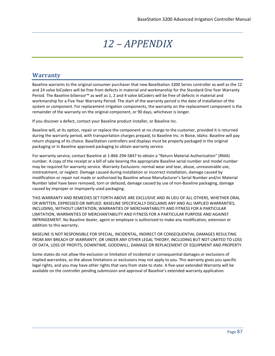 12 – appendix, Warranty | Baseline Systems BaseStation 3200 User Manual | Page 95 / 102