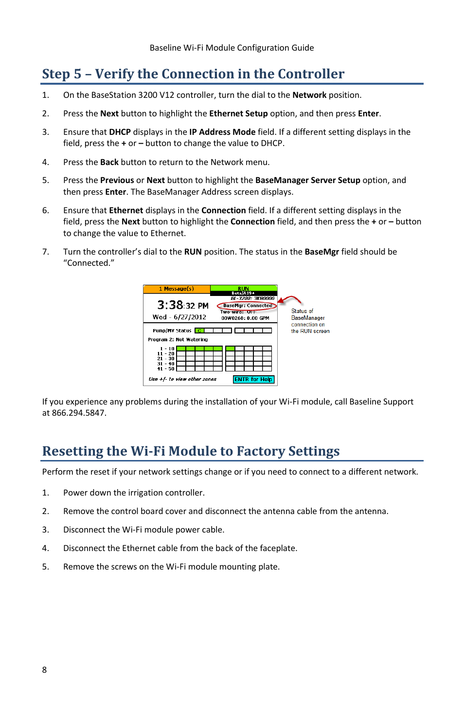 Step 5 – verify the connection in the controller, Resetting the wi-fi module to factory settings | Baseline Systems BaseStation 3200 User Manual | Page 10 / 12