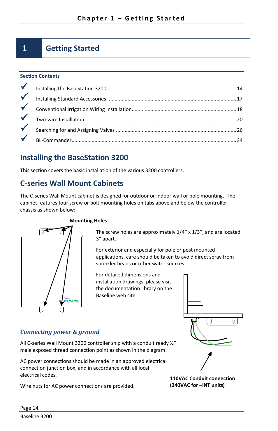 Getting started, Installing the basestation 3200, C-series wall mount cabinets | 1getting started | Baseline Systems BaseStation 3200 User Manual | Page 16 / 82