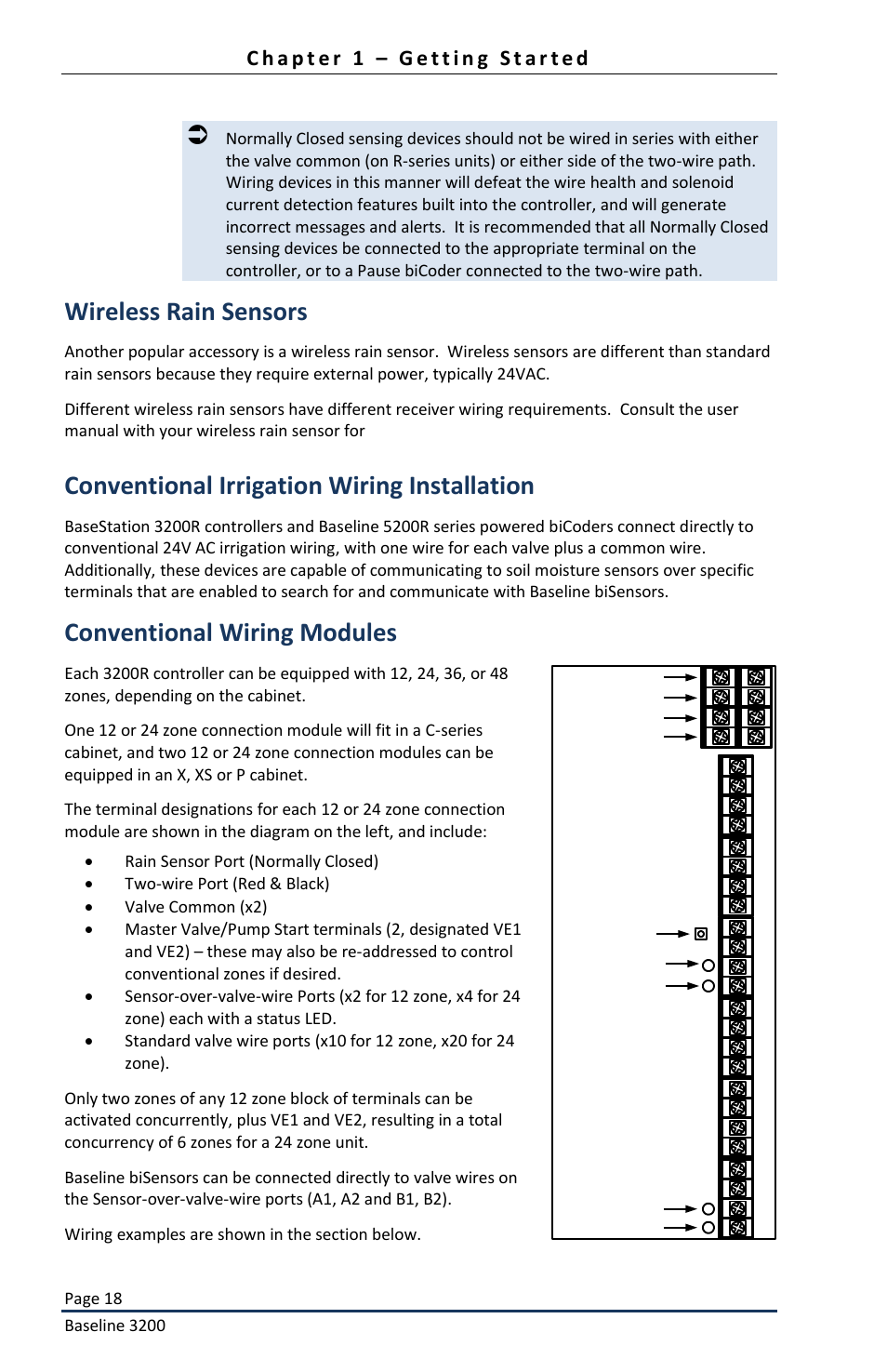 Wireless rain sensors, Conventional irrigation wiring installation, Conventional wiring modules | Baseline Systems BaseStation 3200 User Manual | Page 20 / 82