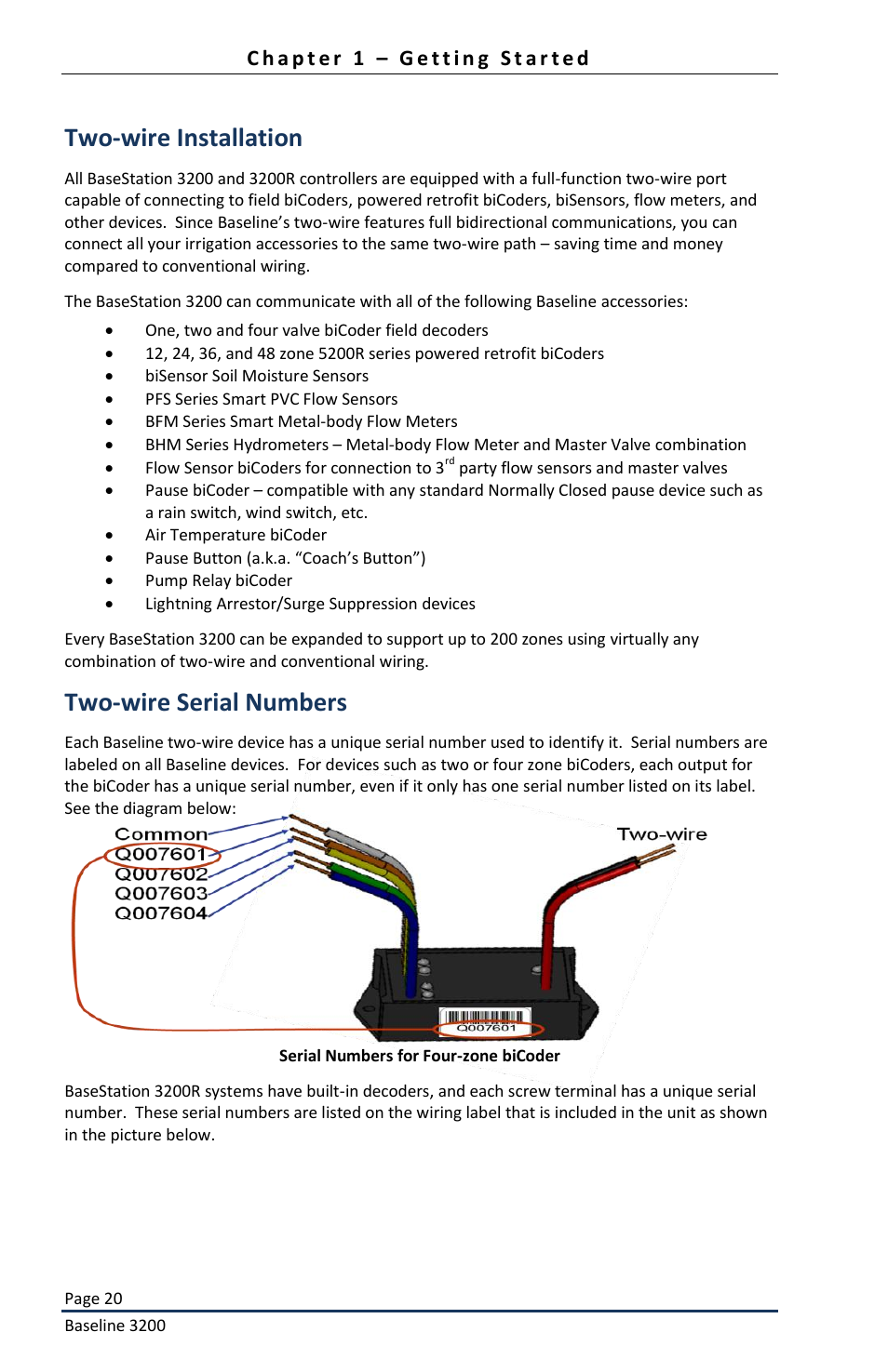 Two-wire installation, Two-wire serial numbers | Baseline Systems BaseStation 3200 User Manual | Page 22 / 82