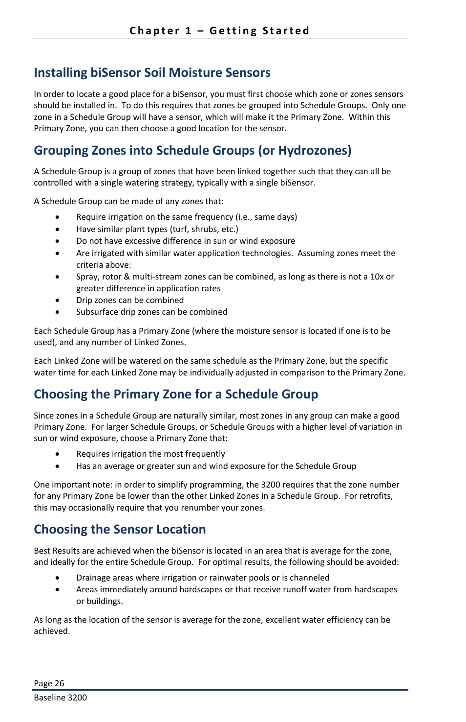 Installing bisensor soil moisture sensors, Choosing the primary zone for a schedule group, Choosing the sensor location | Baseline Systems BaseStation 3200 User Manual | Page 28 / 82