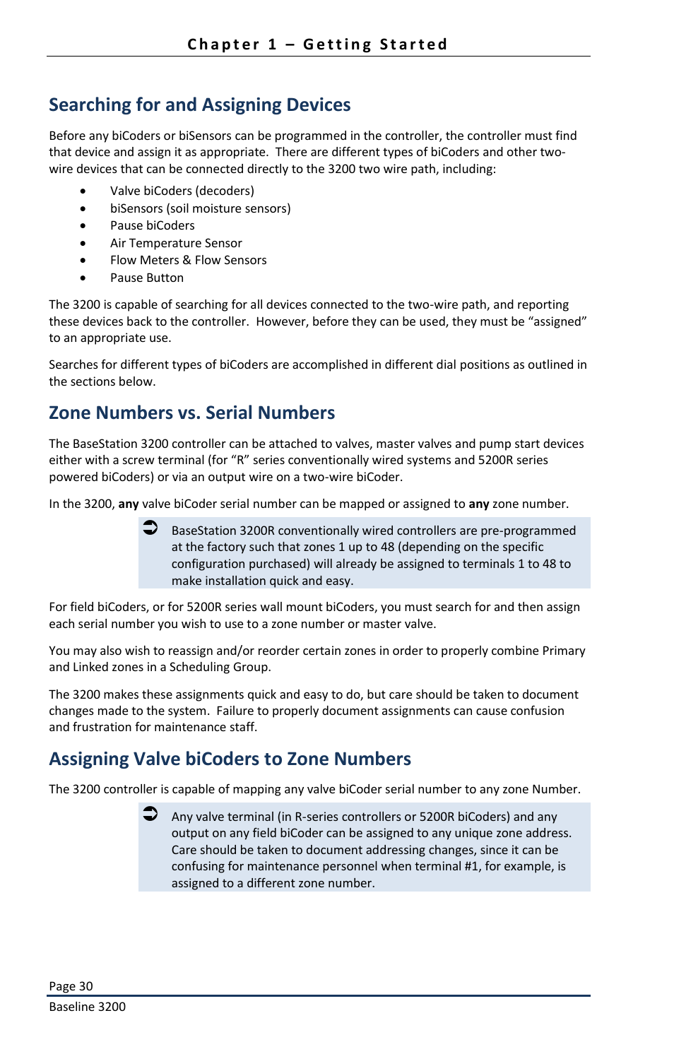 Searching for and assigning devices, Zone numbers vs. serial numbers, Assigning valve bicoders to zone numbers | Baseline Systems BaseStation 3200 User Manual | Page 32 / 82