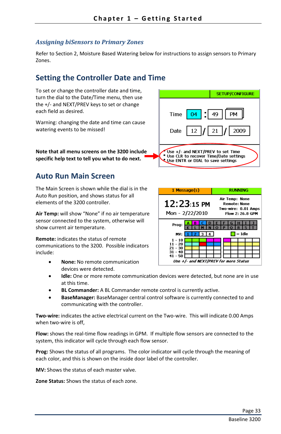 Setting the controller date and time, Auto run main screen | Baseline Systems BaseStation 3200 User Manual | Page 35 / 82