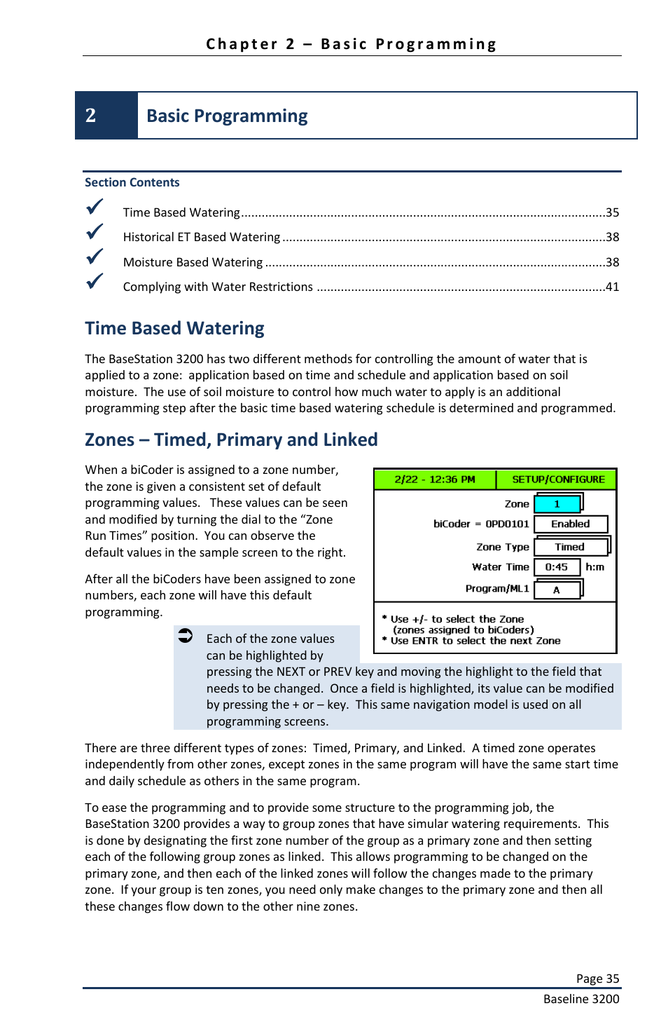 Basic programming, Time based watering, Zones – timed, primary and linked | 2basic programming | Baseline Systems BaseStation 3200 User Manual | Page 37 / 82